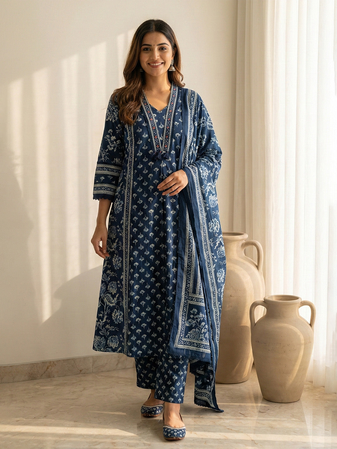 Printed Cotton Blend Suit With Palazzo &amp; Dupatta