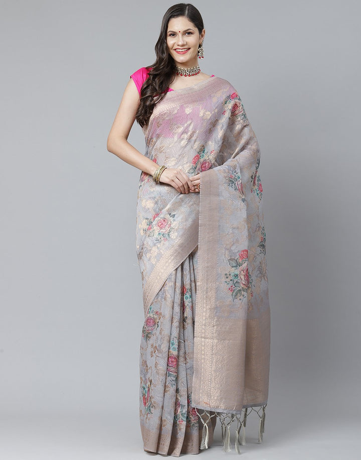 Floral Print Cotton Linen Saree