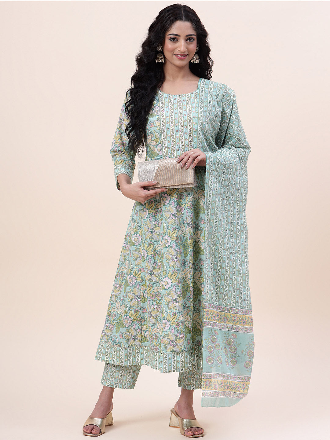 Floral Printed Cotton Kurta With Pants &amp; Dupatta