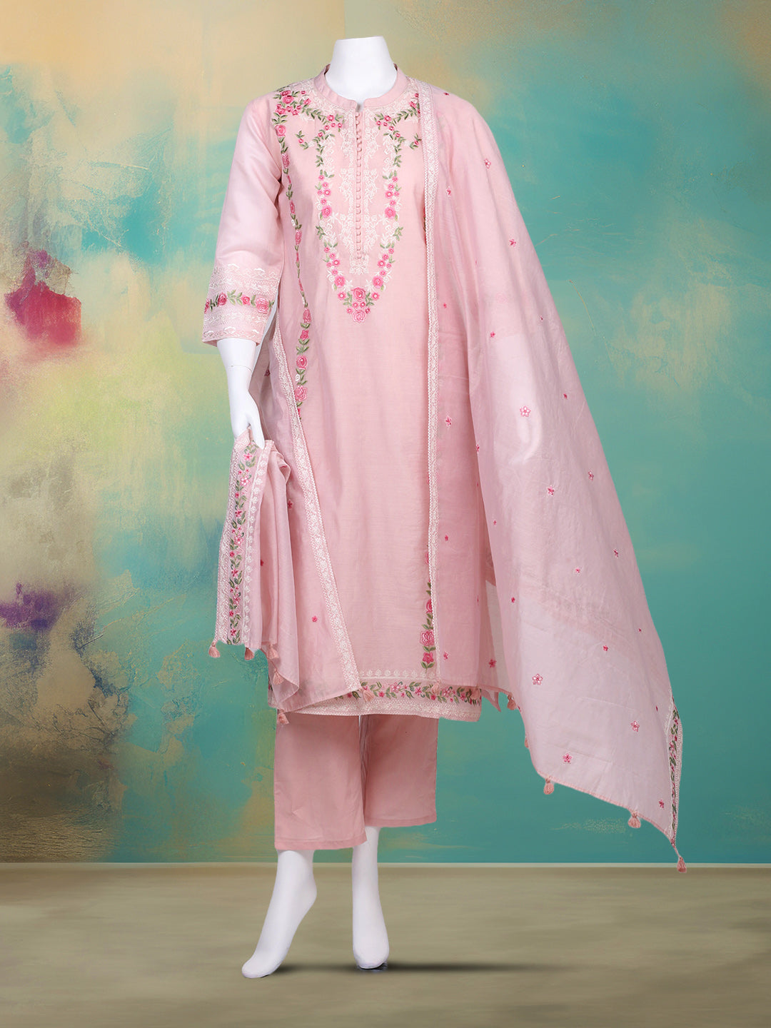 Embroidered Chanderi Kurta With Pant &amp; Dupatta