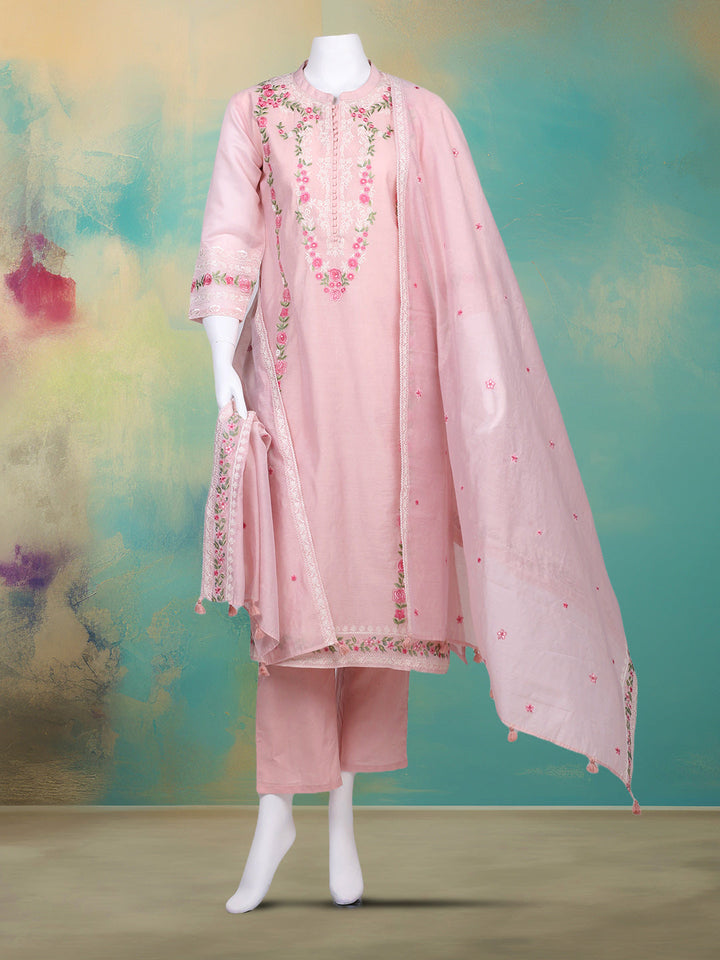 Embroidered Chanderi Kurta With Pant &amp; Dupatta