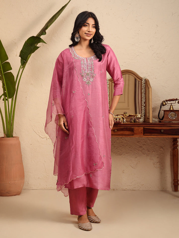 Embroidered Cotton Kurta With Pant &amp; Dupatta