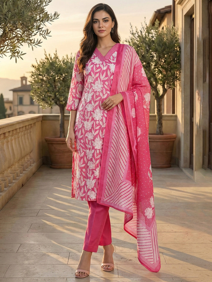 Printed Cotton Kurta With Pant &amp; Dupatta
