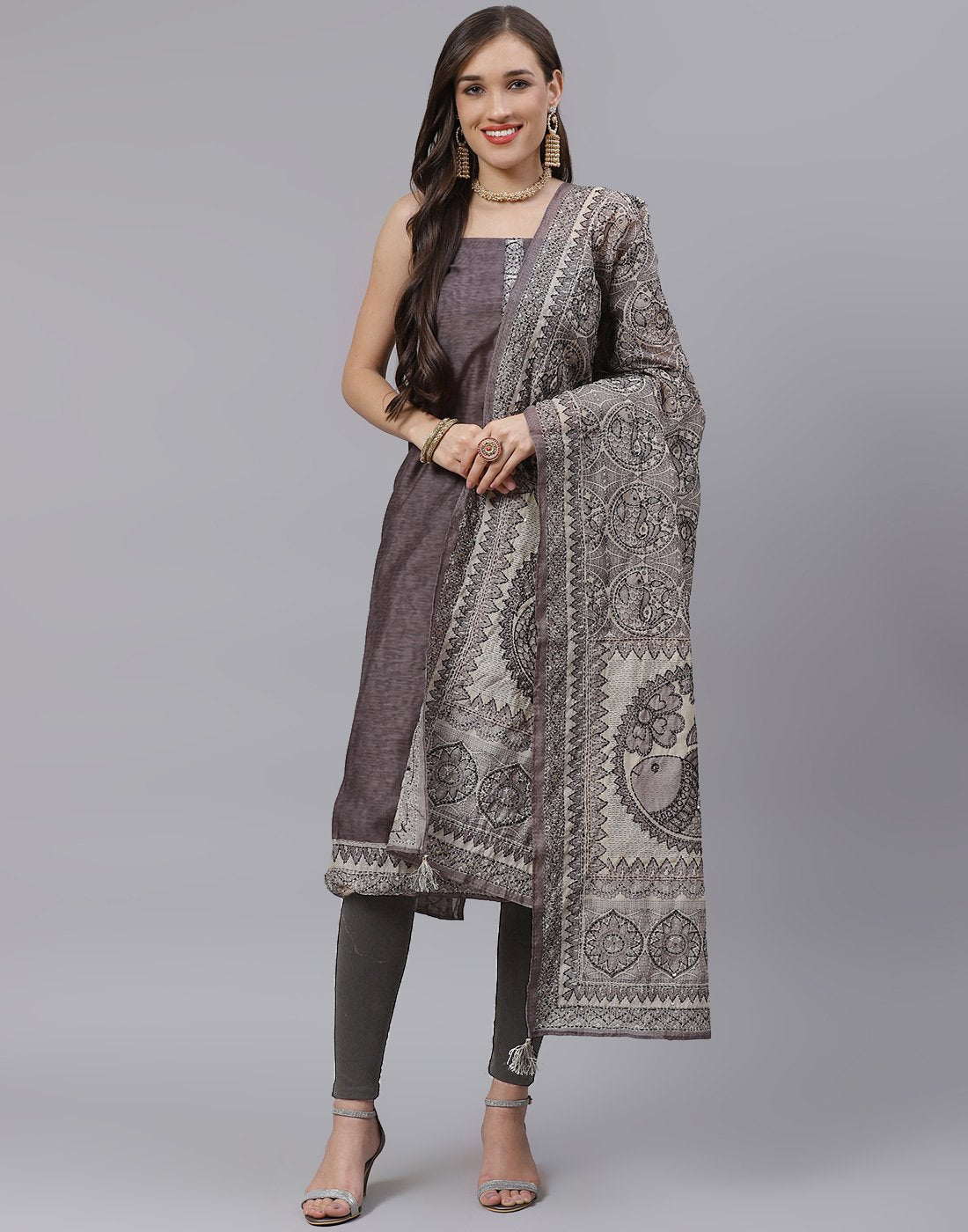 Chanderi Embroidered Suit Piece with thread work dupatta