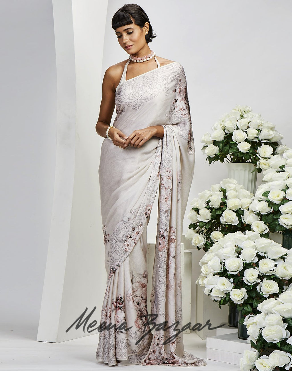 Cream Satin Printed Saree