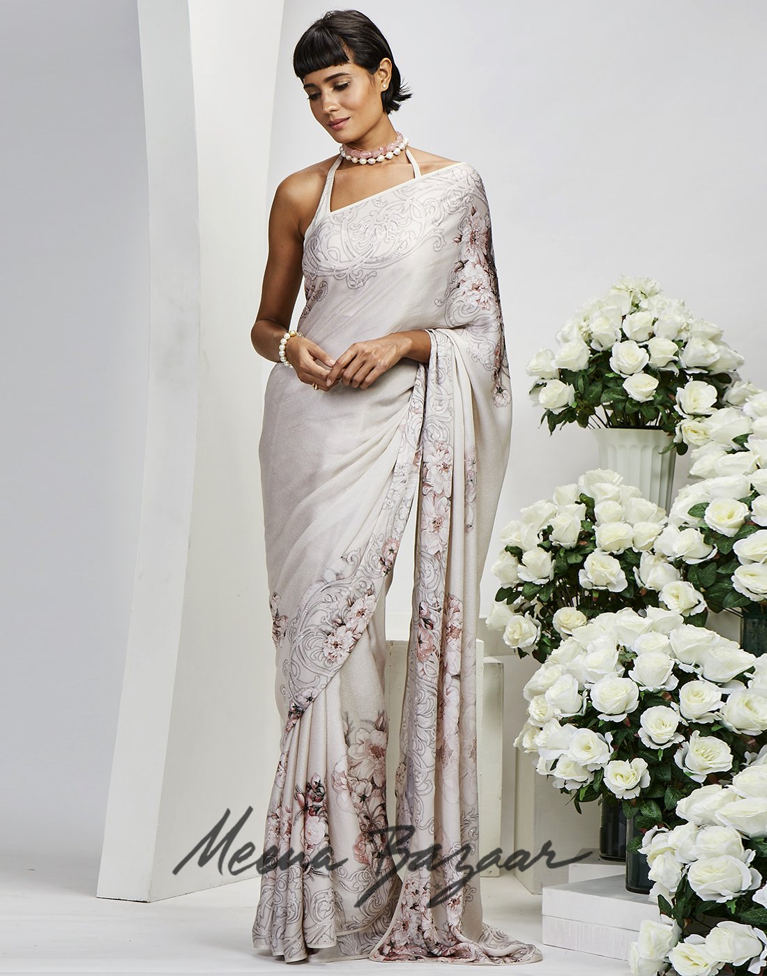 Cream Satin Printed Saree