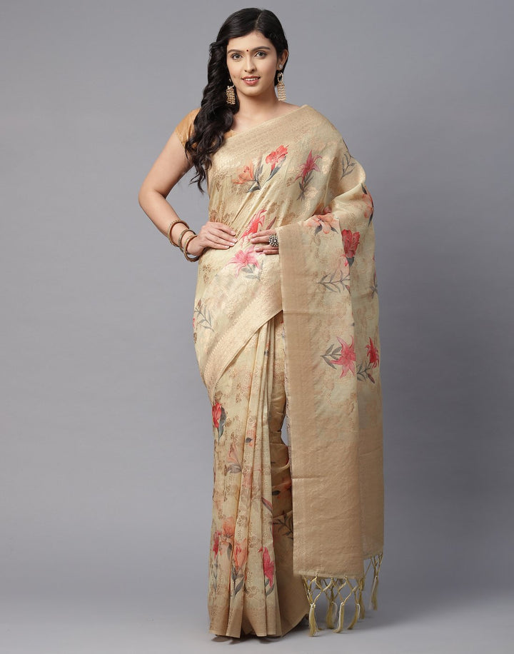 Floral Printed Cotton Linen Saree