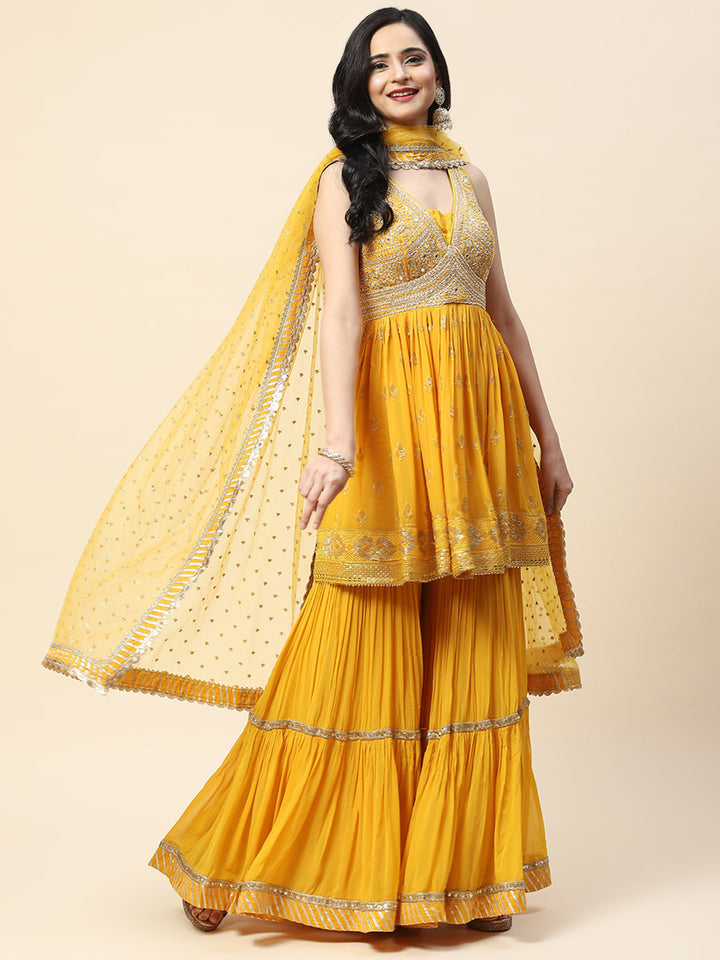 Resham Sequin Embroidered Georgette Kurta With Palazzo &amp; Dupatta