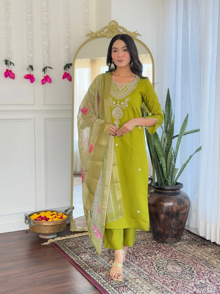 Printed Embroidery Cotton Blend Kurta With Pants &amp; Dupatta