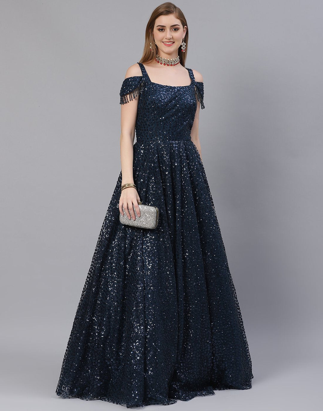 Teal Blue Georgette Long Dress