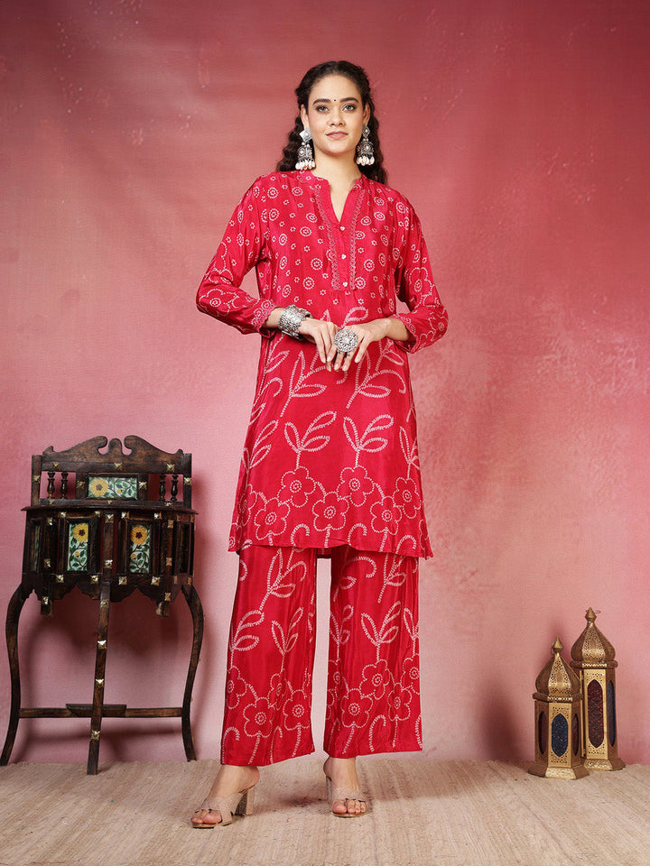 Hot Pink Crepe Printed A Line Kurta With Pant