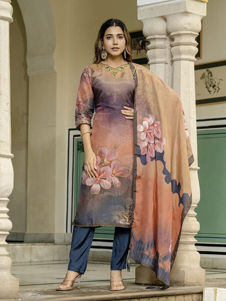 Embroidered Art Silk Kurta With Pant &amp; Dupatta