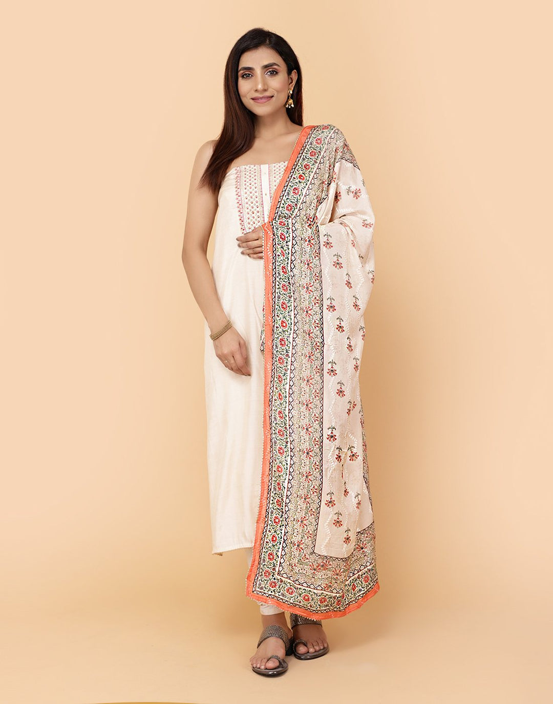 Embroidered Cotton Suit Piece With Printed Muslin Dupatta