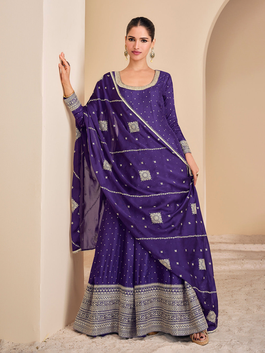 Embroidered Art Silk Suit With Pant &amp; Dupatta