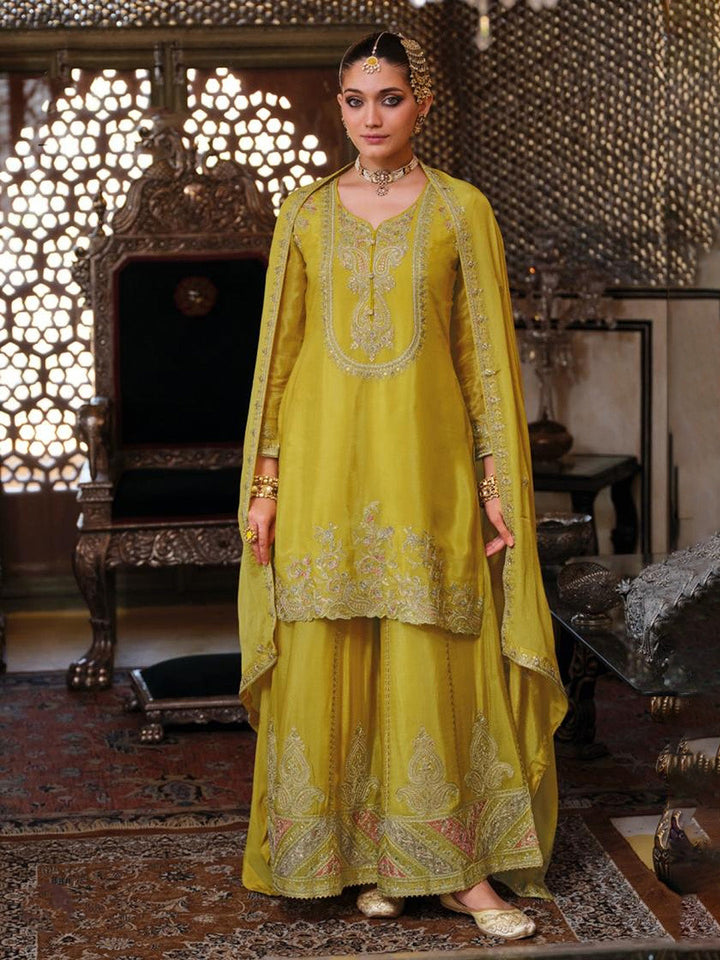 Embroidered Chinnon Kurta With Gharara &amp; Dupatta