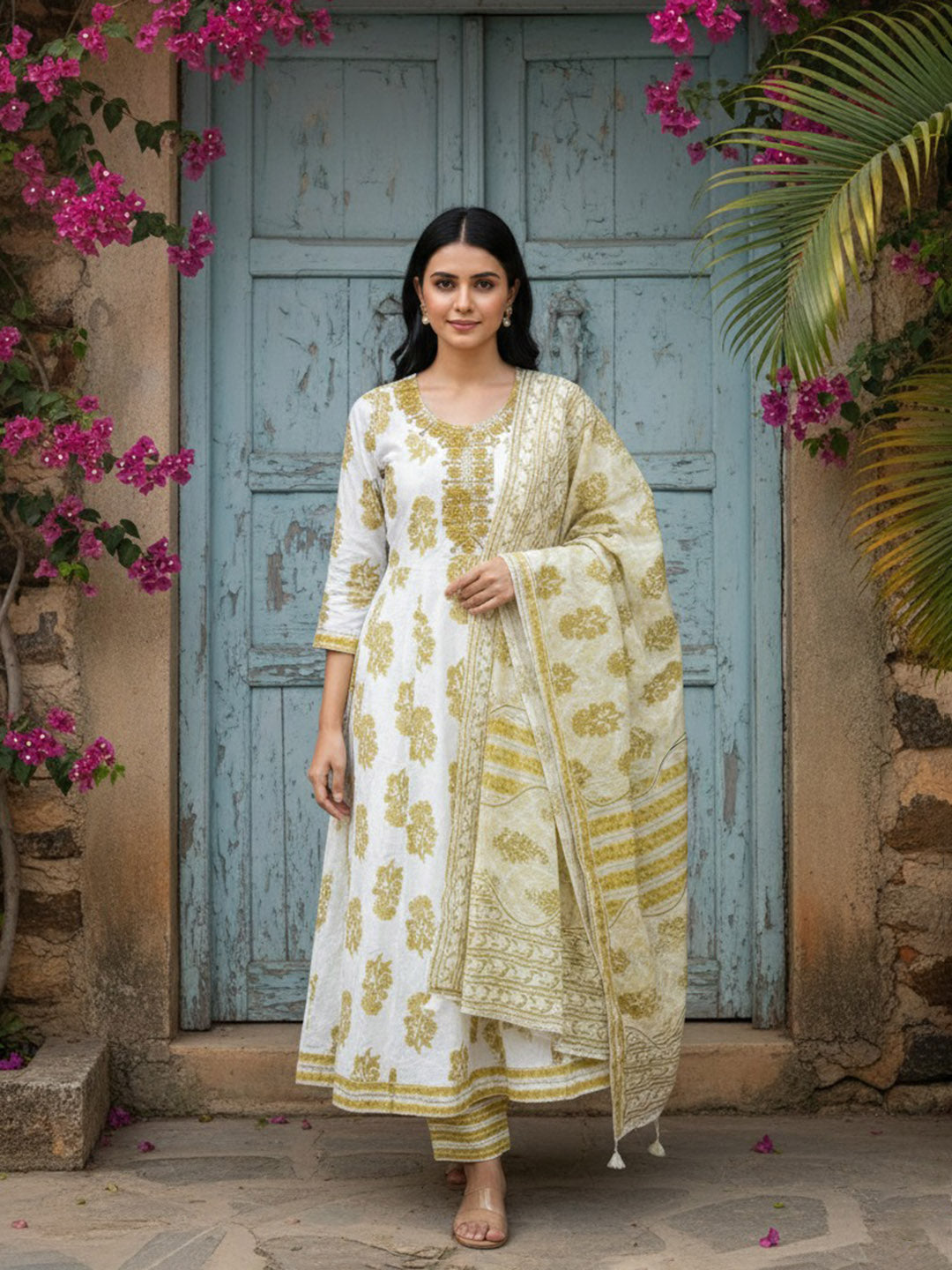 Printed Cotton Blend Kurta With Pant &amp; Dupatta