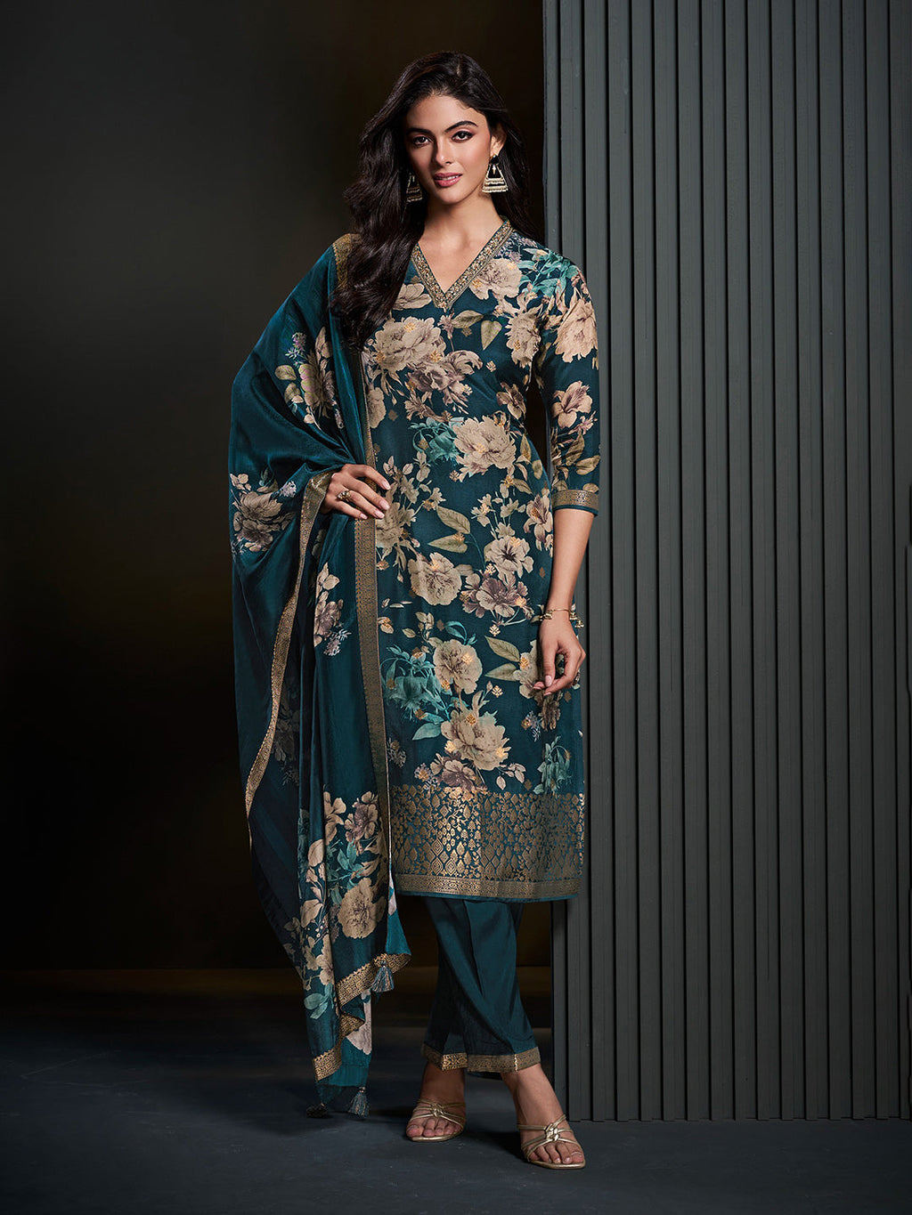 Blue Printed Art Silk Kurta With Pant & Dupatta