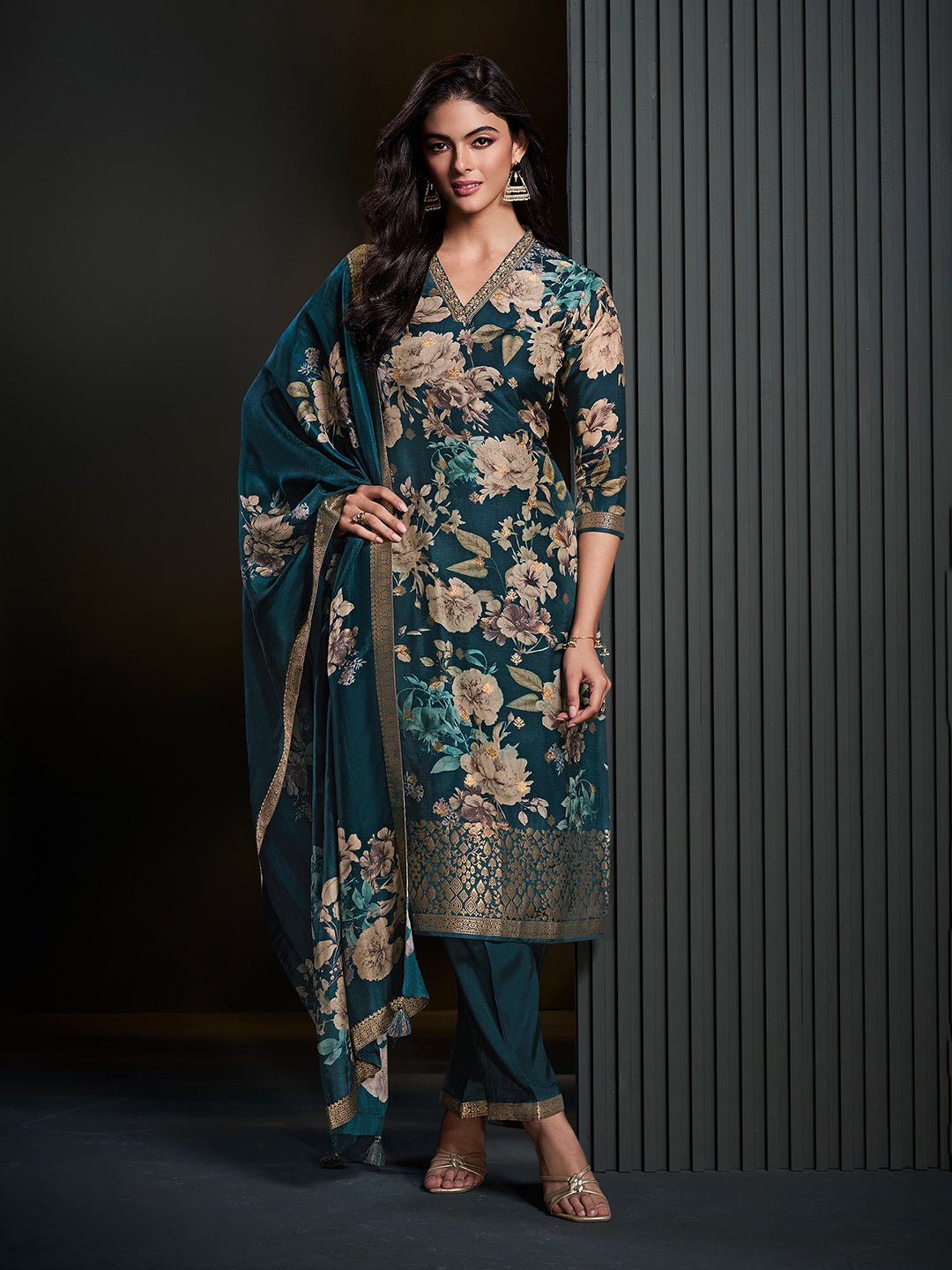 Blue Printed Art Silk Kurta With Pant & Dupatta