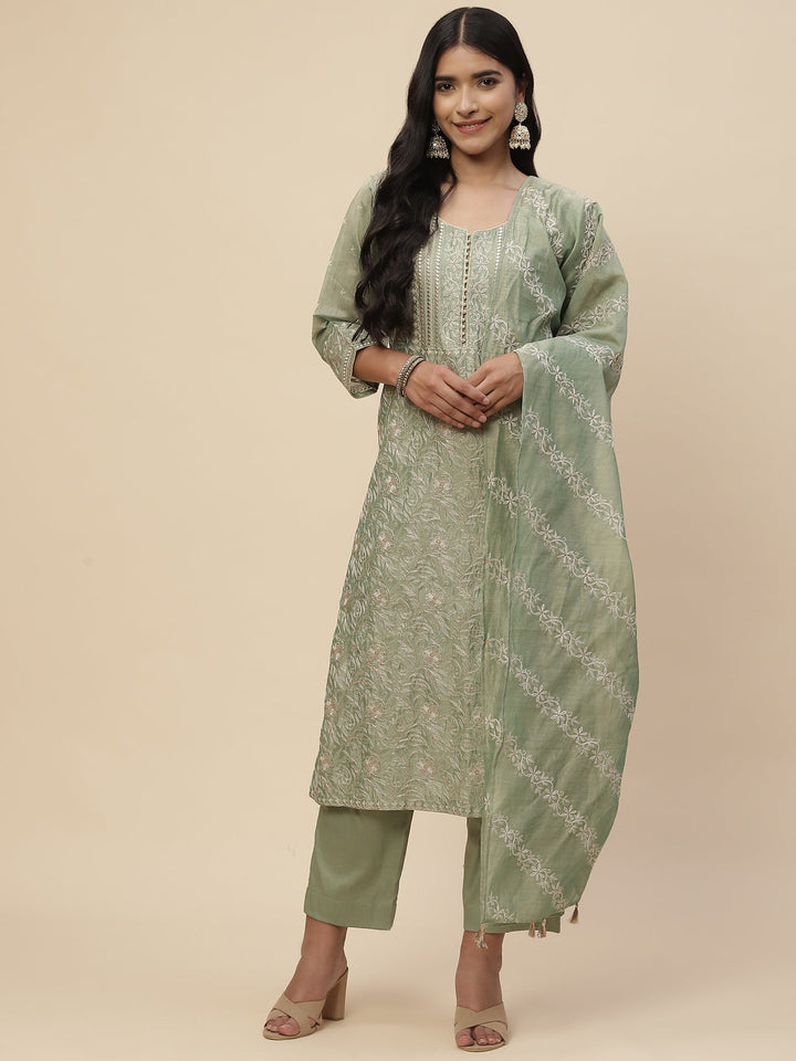 Zari Embroidered Cotton Kurta With Pants &amp; Dupatta