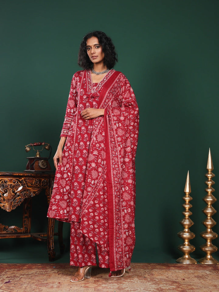 Maroon Cotton Blend Printed Straight Suit Set