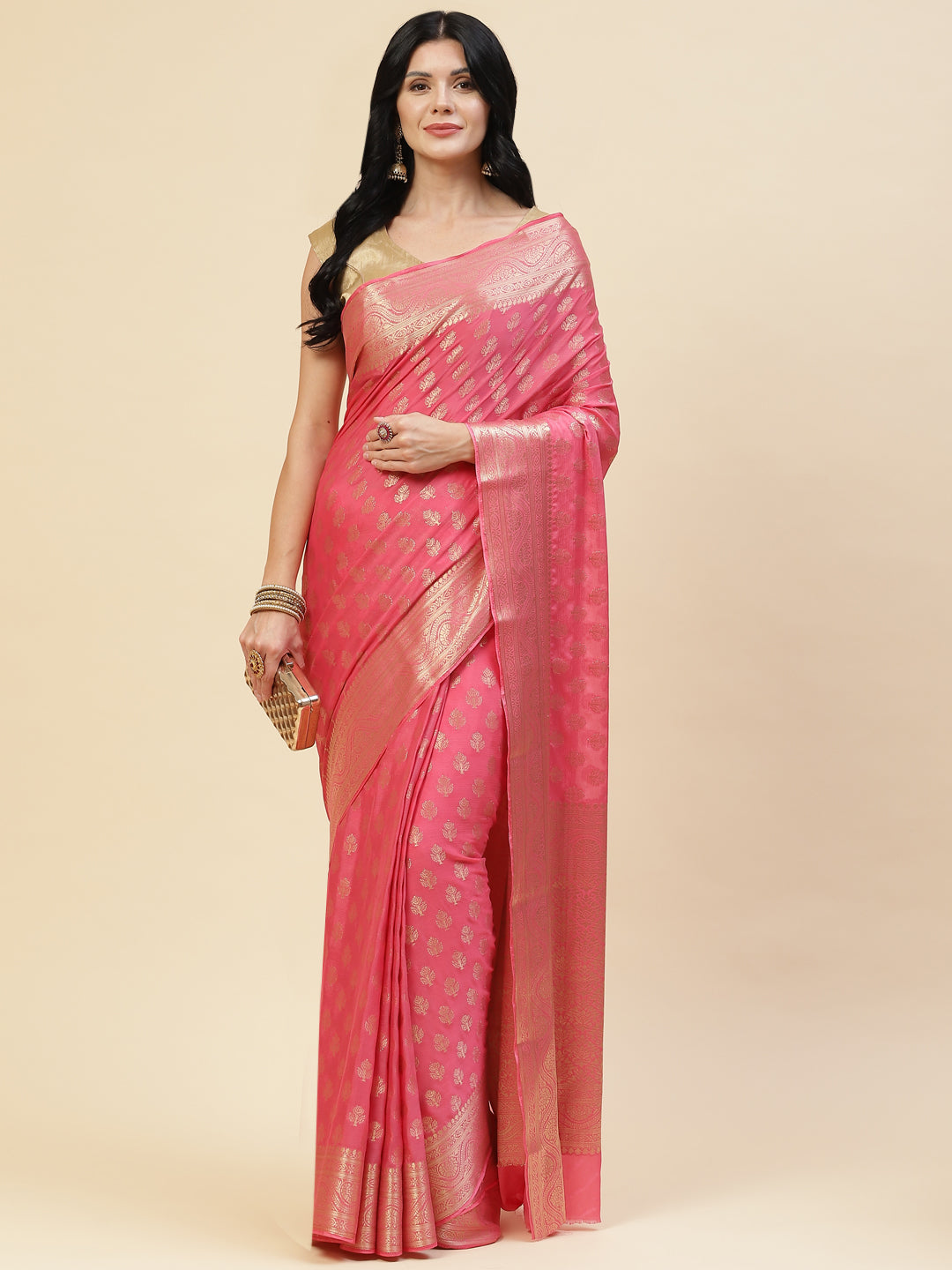 Zari Border Booti Chiffon Plain Saree