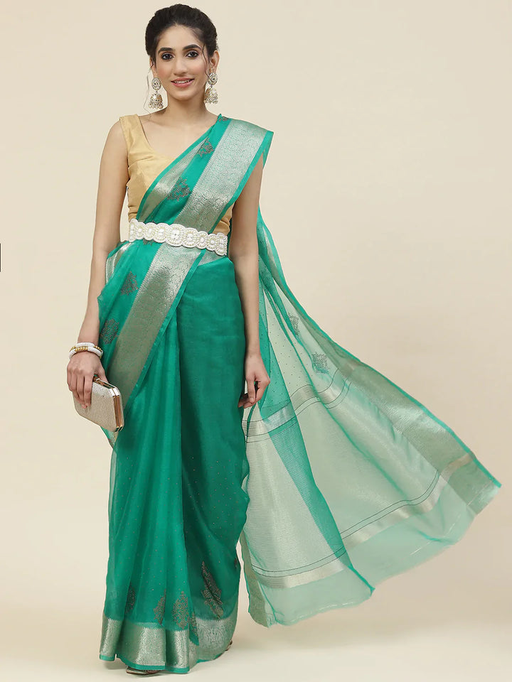 Stone Work Organza Plain Saree