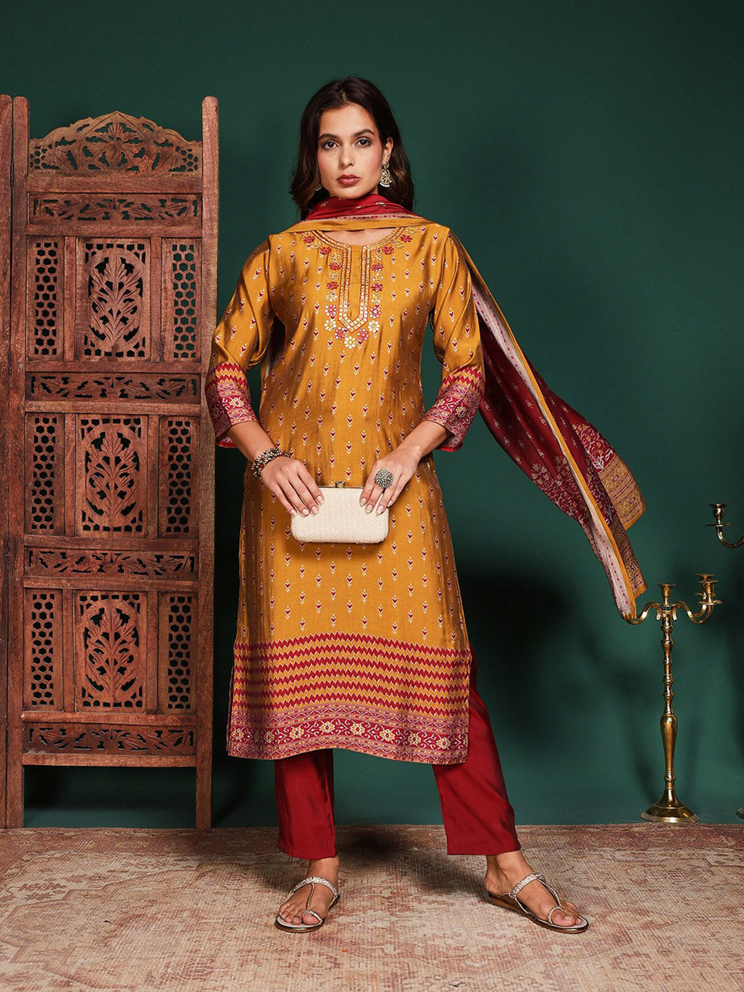 Floral Printed Art Silk Kurta With Pant &amp; Dupatta