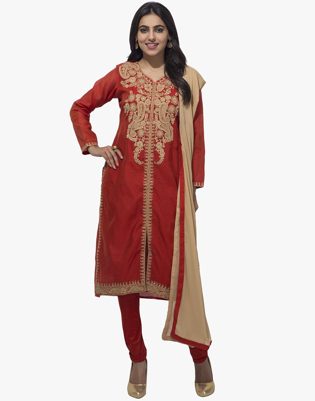MBZ Meena Bazaar-Red Cotton Chanderi Stitched Salwaar Kameez