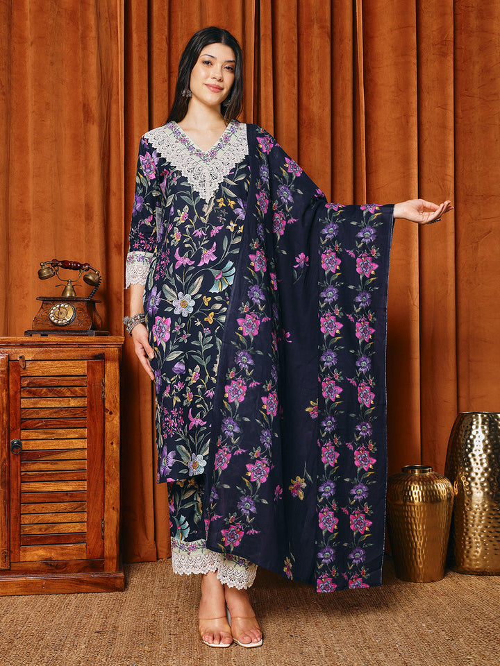 Floral Parinted Cotton Blend Kurta With Pants &amp; Dupatta