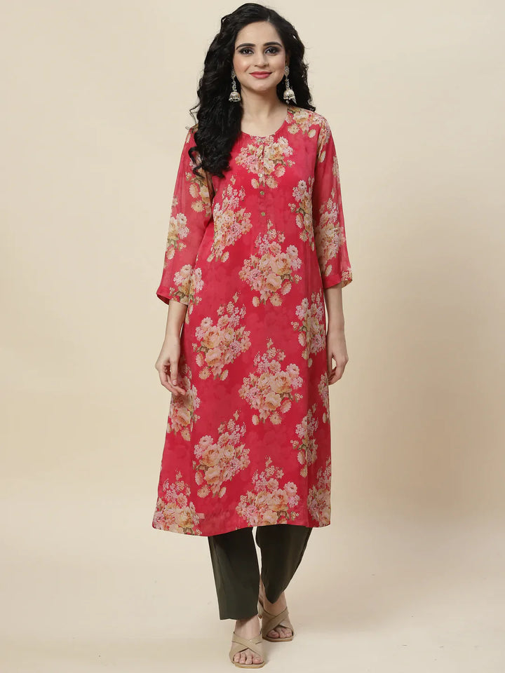 Floral Printed Organza Kurta With Palazzo &amp; Inner