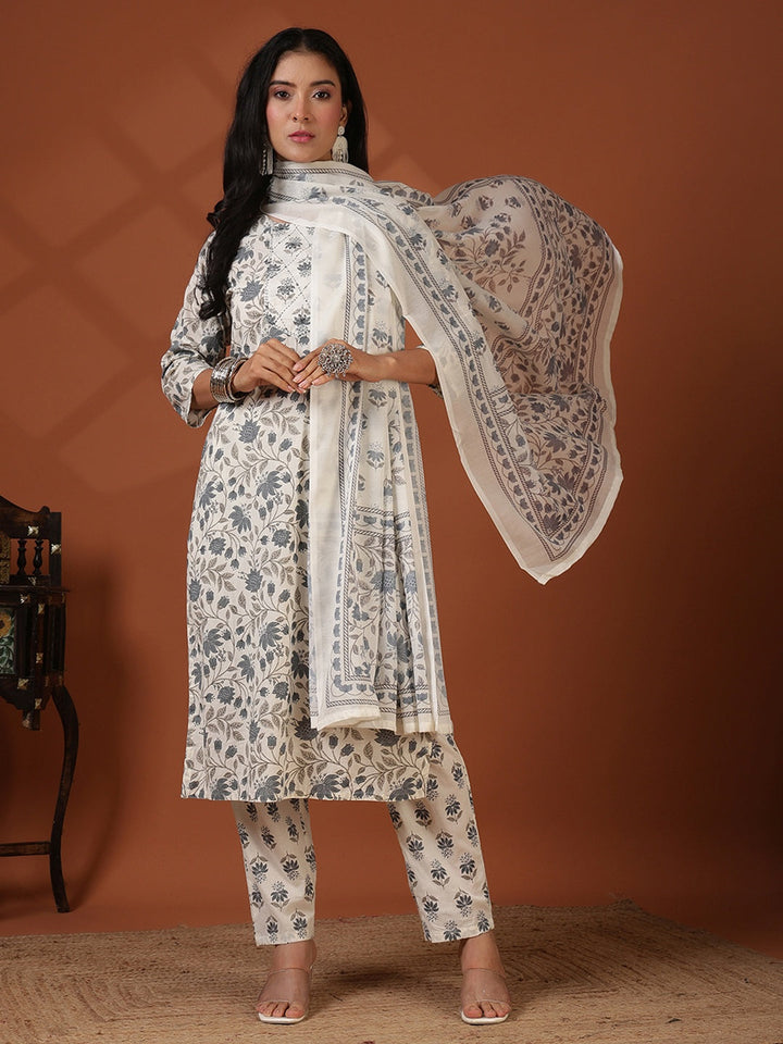 Printed Cotton Blend Kurta With Pant &amp; Dupatta