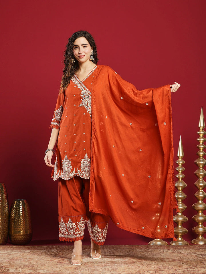 Embroidered Cotton Kurta With Pant &amp; Dupatta