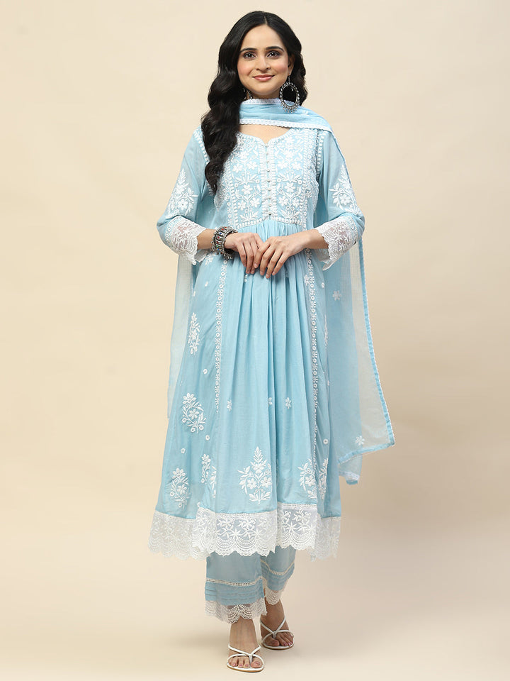 Neck Embroidery Cotton Anarkali With Pants &amp; Dupatta