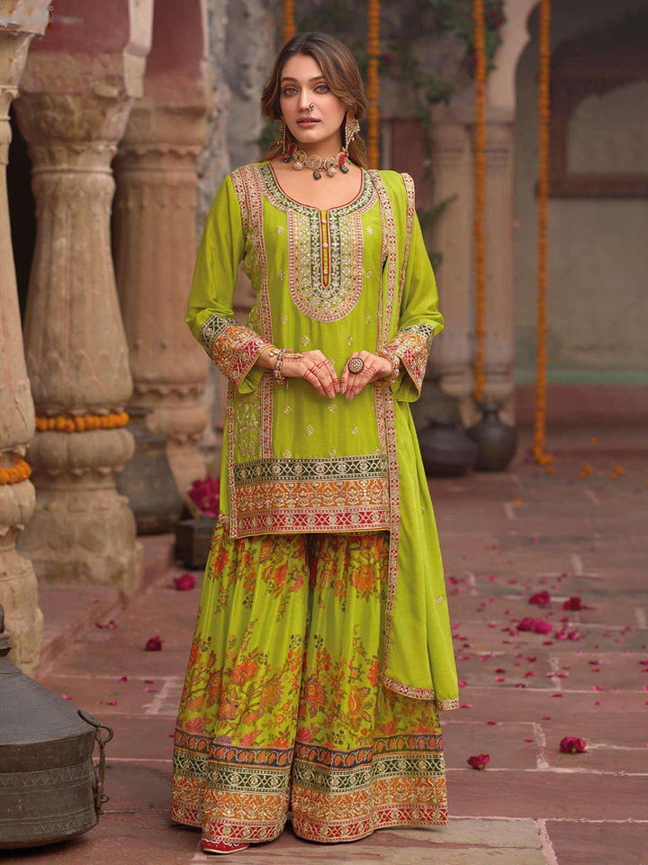 Embroidered Chinnon Silk Kurti With Gharara &amp; Dupatta