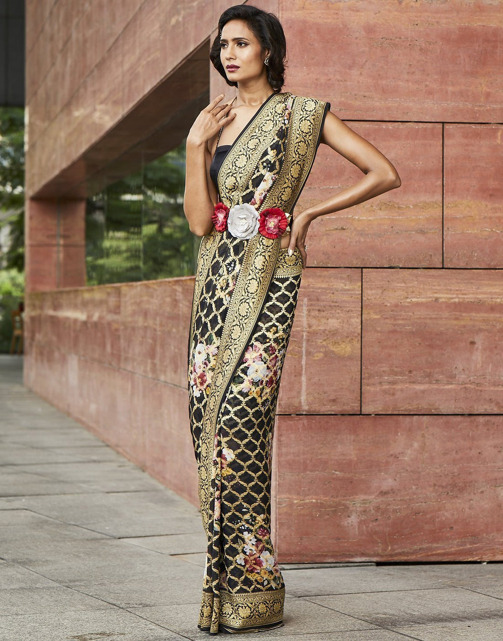 MBZ Meena Bazaar-Black Printed Banarasi Saree