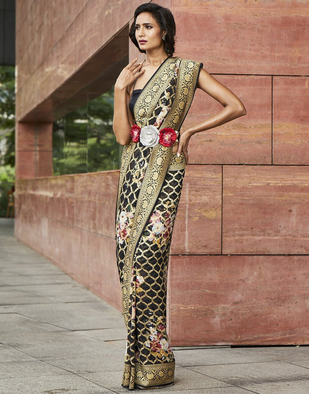 MBZ Meena Bazaar-Black Printed Banarasi Saree