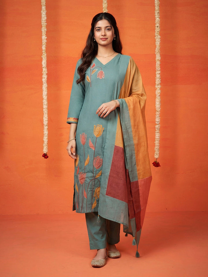 Embroidered Art Silk Kurta With Pant &amp; Dupatta