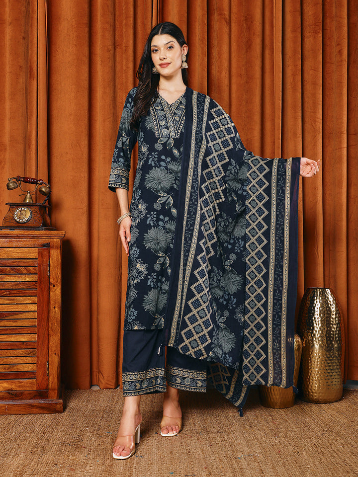 Printed Cotton Blend Kurta With Pants &amp; Dupatta