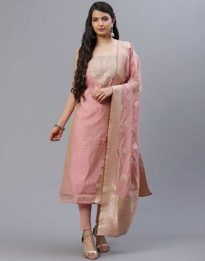Embroidered Chanderi Suit Piece With Chanderi Banarasi Dupatta