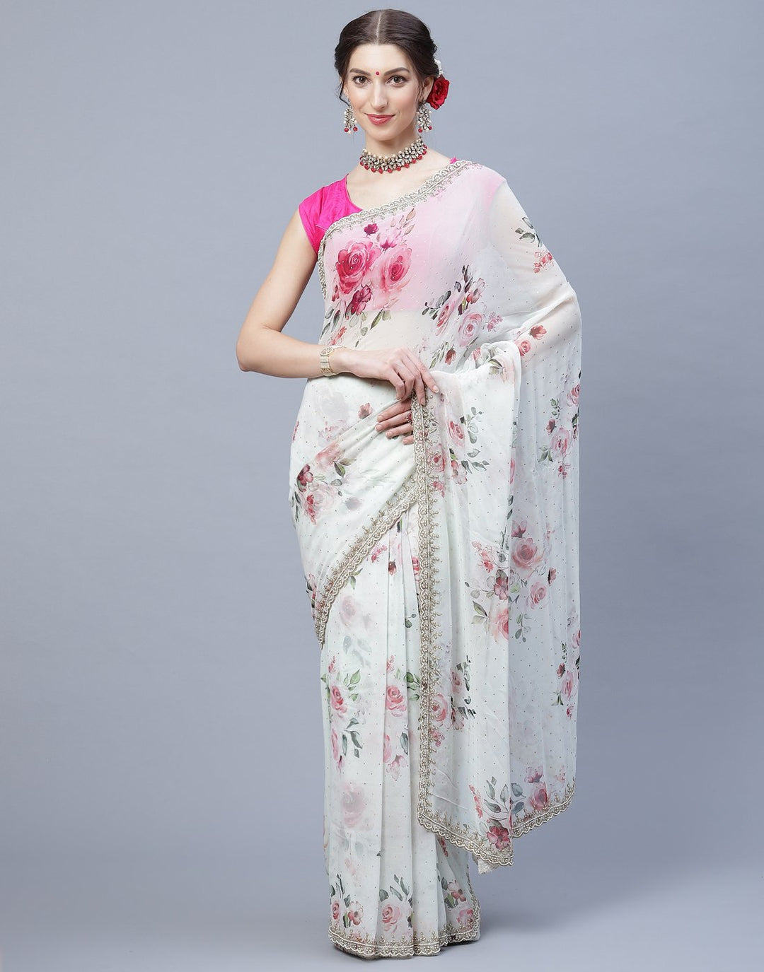 Digital Floral Printed Georgette Saree with Silver Zari Work  Border