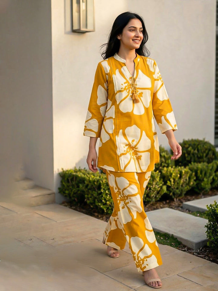 Yellow Printed Cotton Blend V Neck Kurta Set