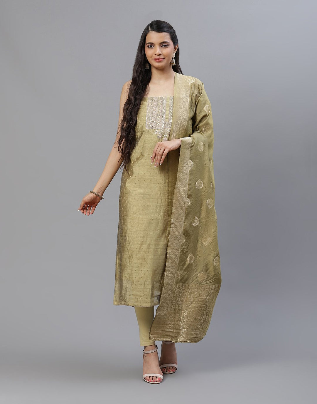Embroidered Chanderi Suit Piece With Chanderi Banarasi Dupatta