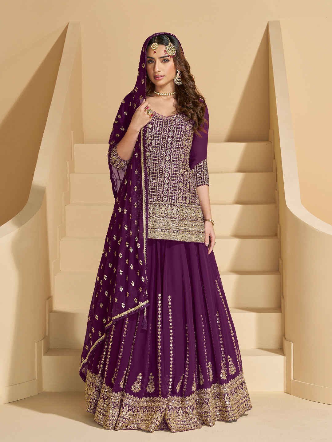 Embroidered Georgette Kurti With Skirt &amp; Dupatta