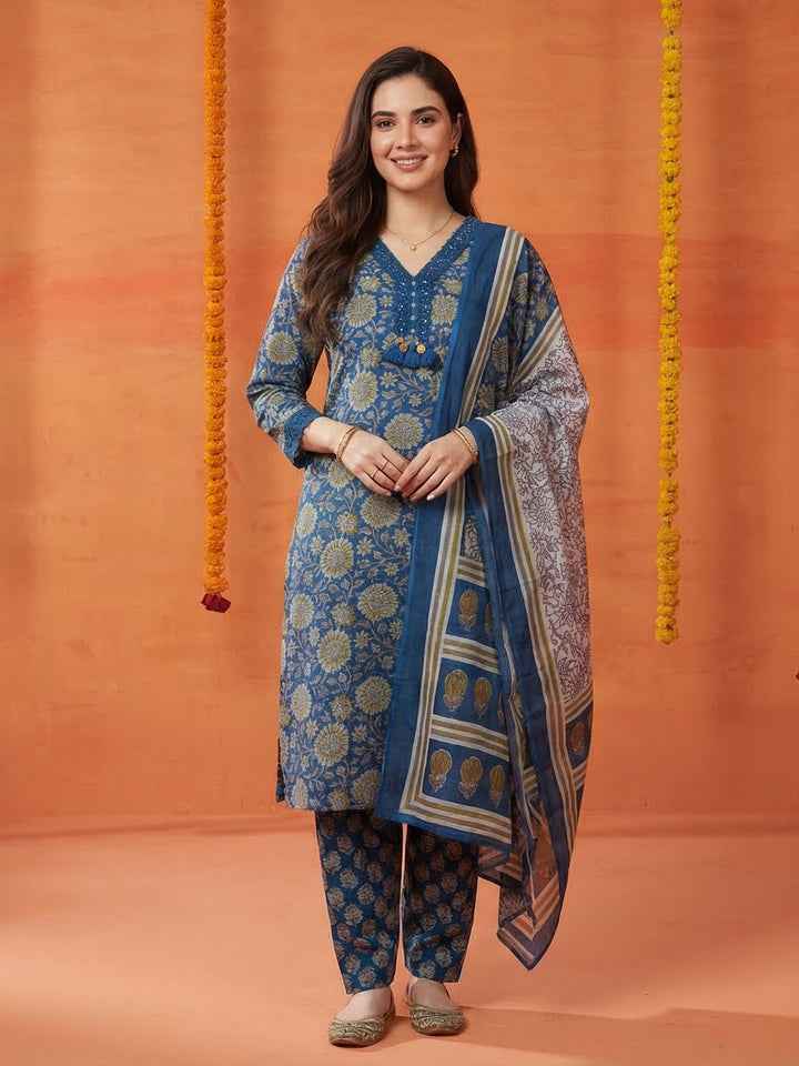 Printed Cotton Blend Kurta With Pant &amp; Dupatta