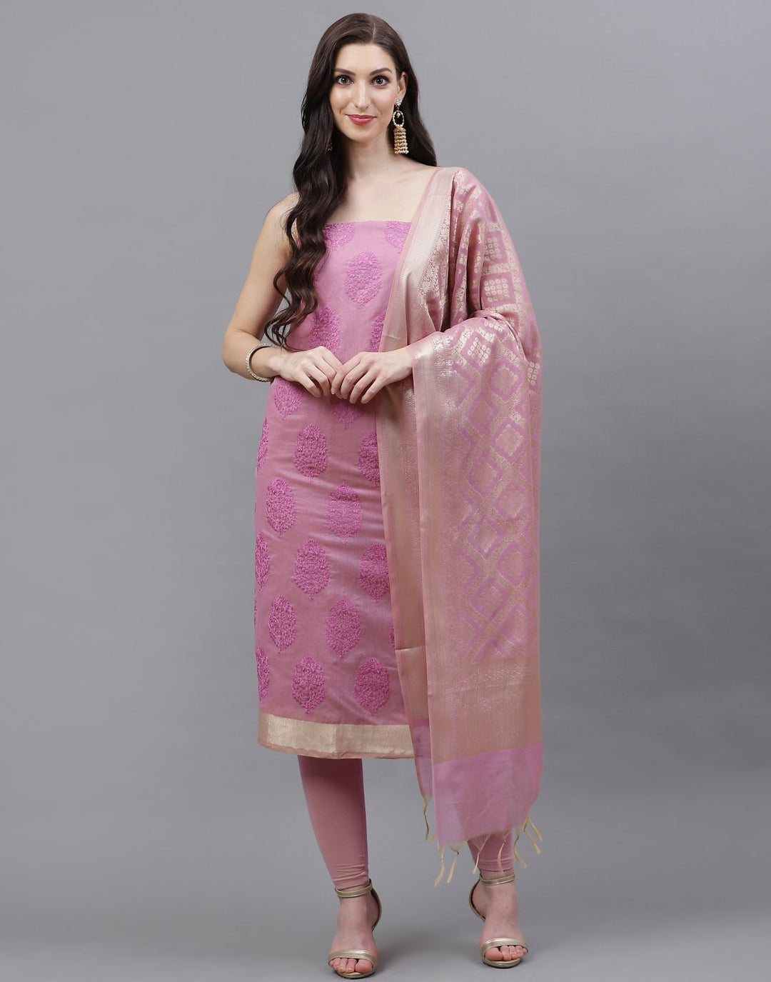 Chanderi Embroidered Suit Piece with Banarasi Dupatta
