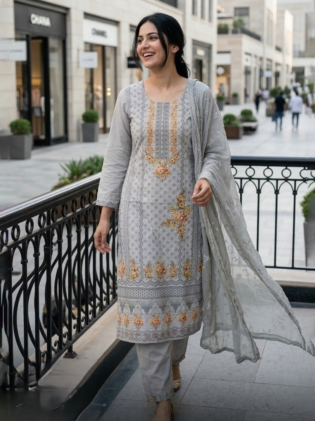 Grey Embroidered Cotton Blend Straight Suit Set With Dupatta