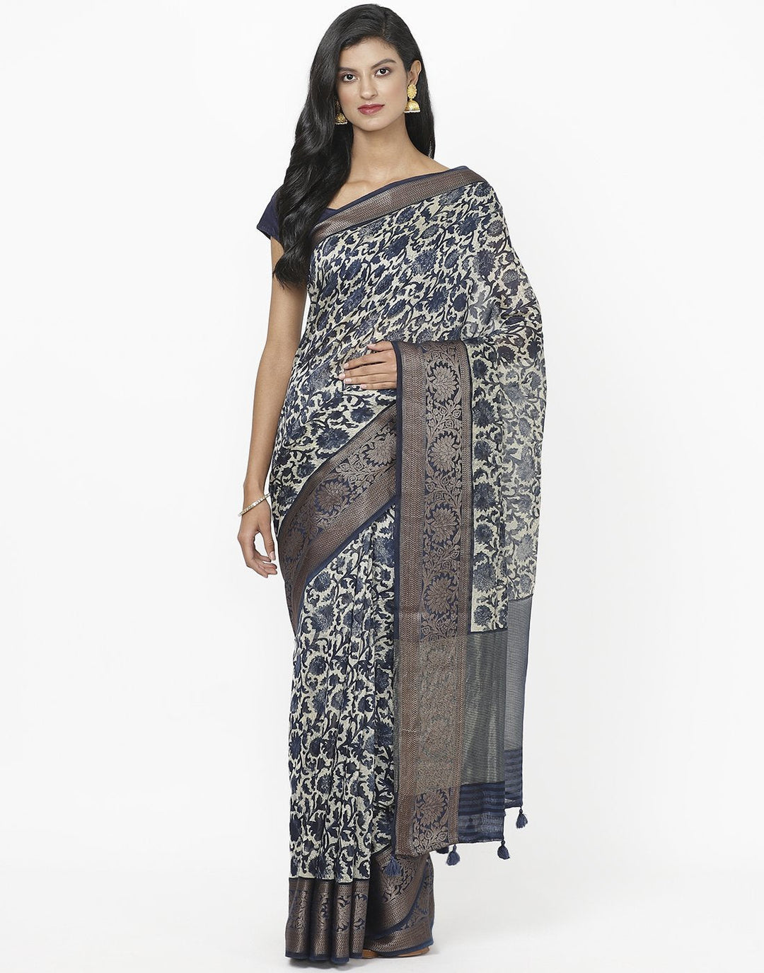 Navy Blue Cotton Chanderi Printed Saree