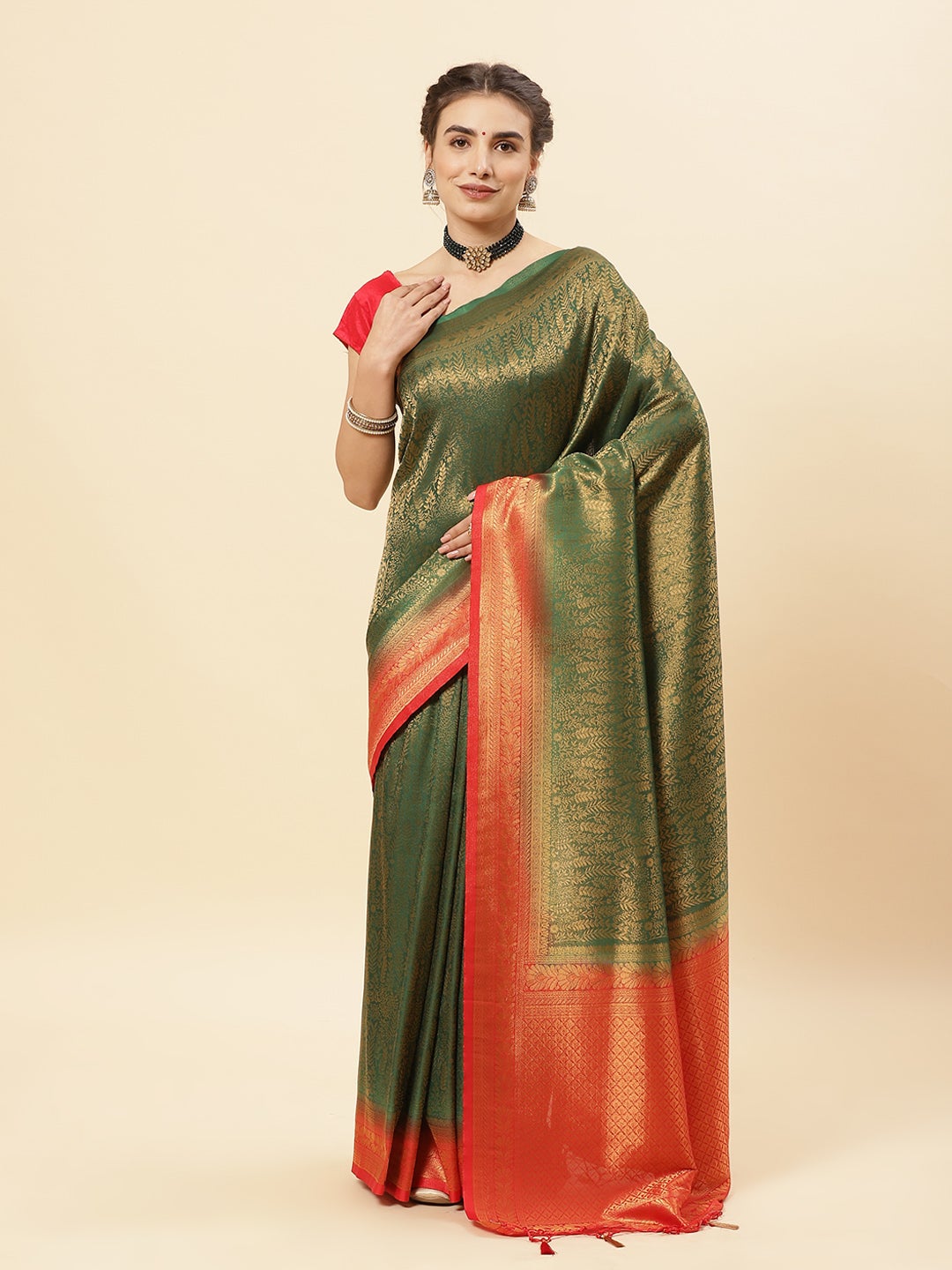 Brocade Zari Jaal Art Handloom Saree  with Contrast Blouse