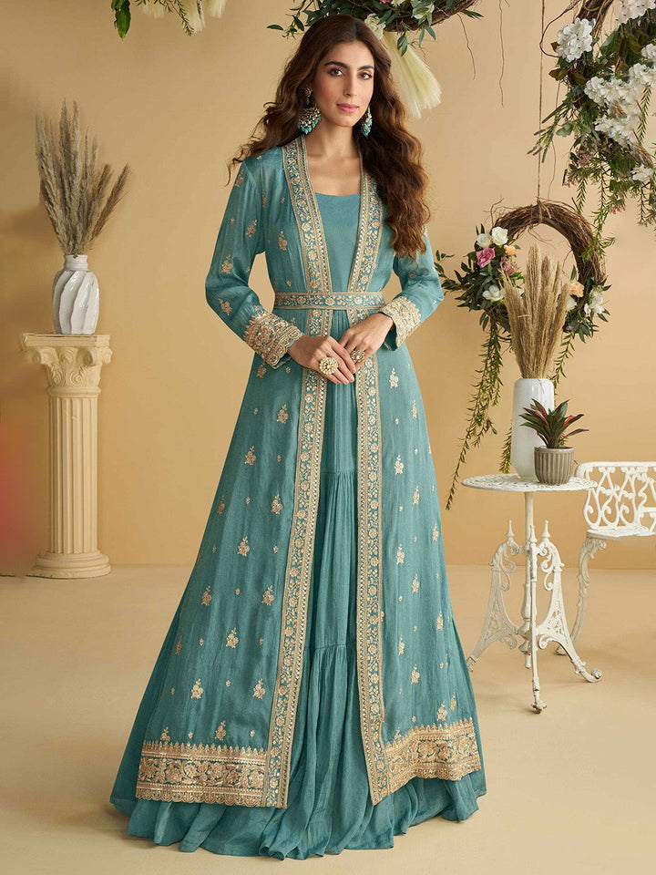 Embroidered Chinon Suit With Pant &amp; Jacket