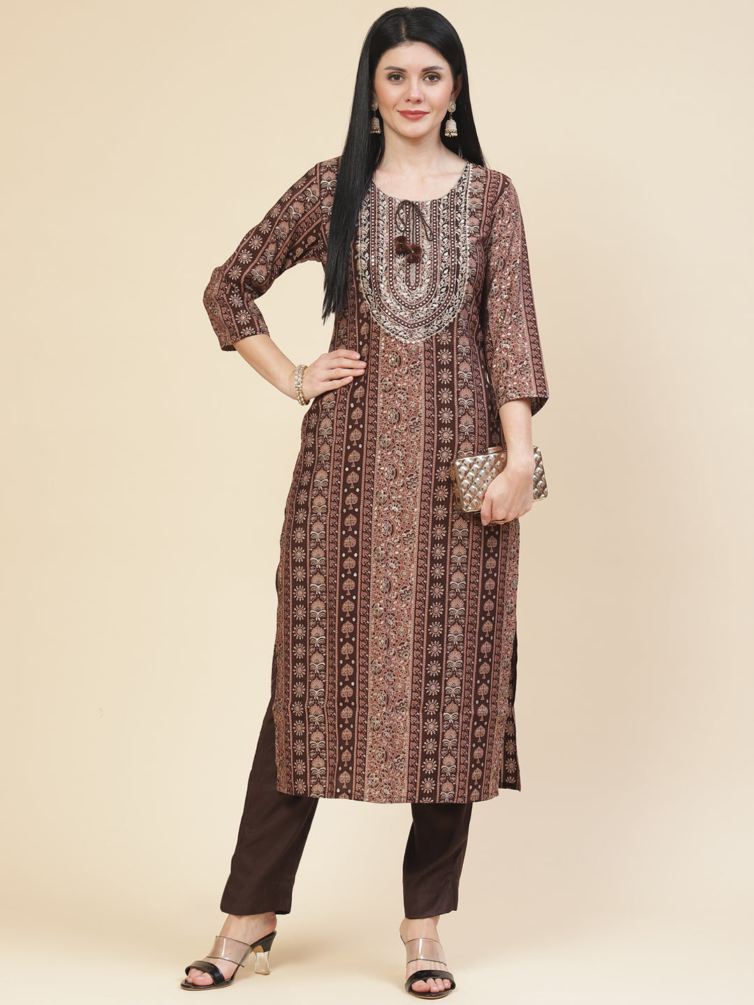 Neck Embroidered &amp; Printed Muslin Kurta With Pants